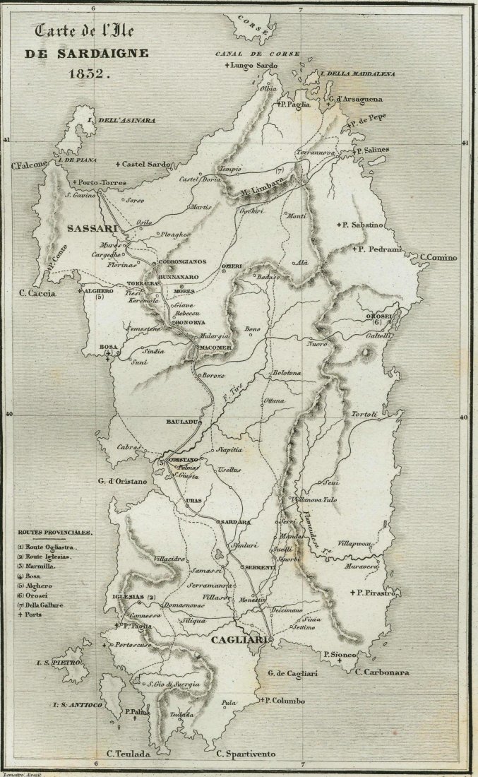 Map of the island of Sardinia in 1832. 1840.: Print of steel engraving titled „Carte de l‘Ile de Sardaigne 1832“. Author unknown. Engraved by Jenotte. From „Historia de la isla Cerdena por el caballero G. de Gregory. Traducida al castella