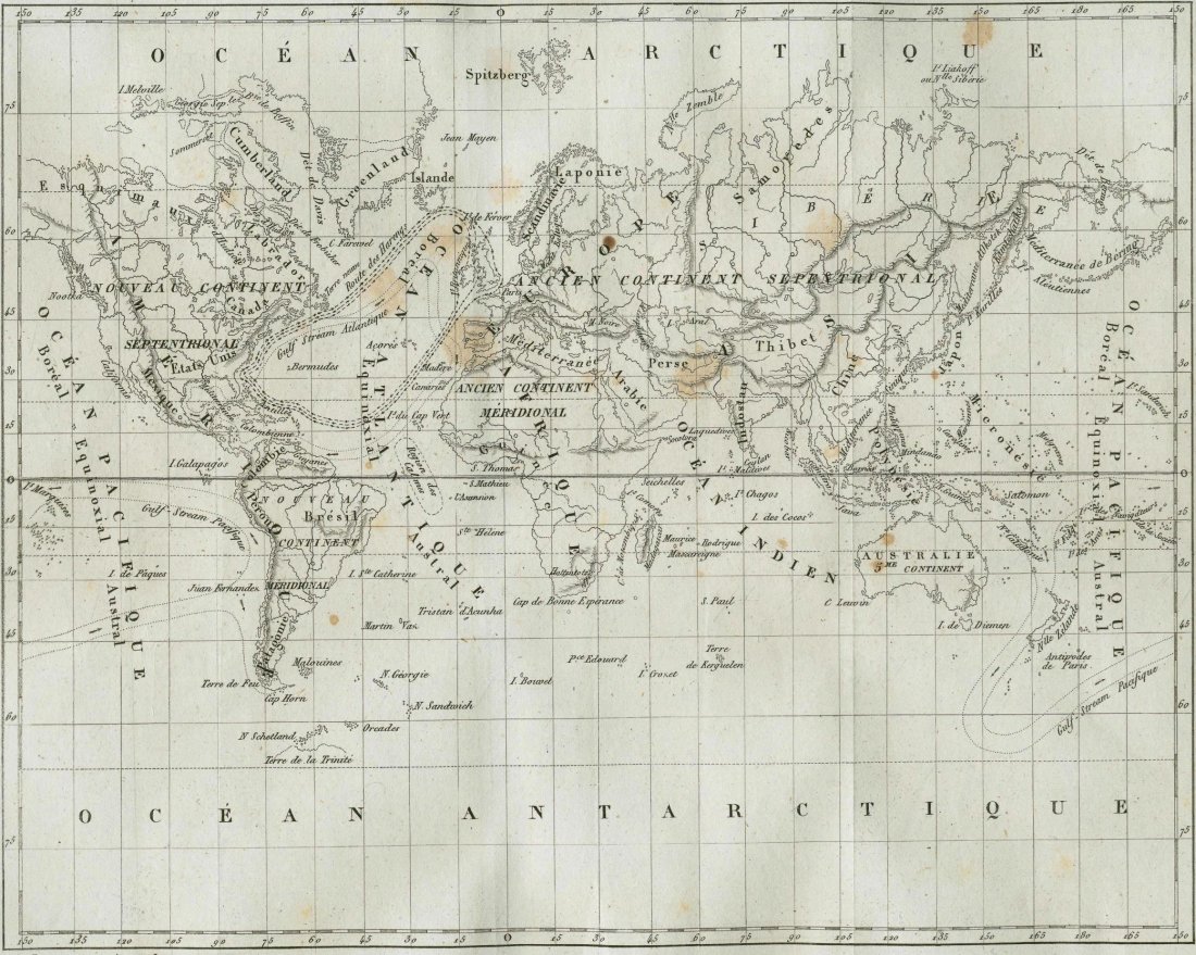 World Map. 1842.: Print of steel engraving titled „Planisphere Ocean Arctique Ocean Antarctique“. Author Th. Duvotenay. Engraved by unknown. From „Historia de la islas del Oceano, por Mc. Bory de saint – Vincen