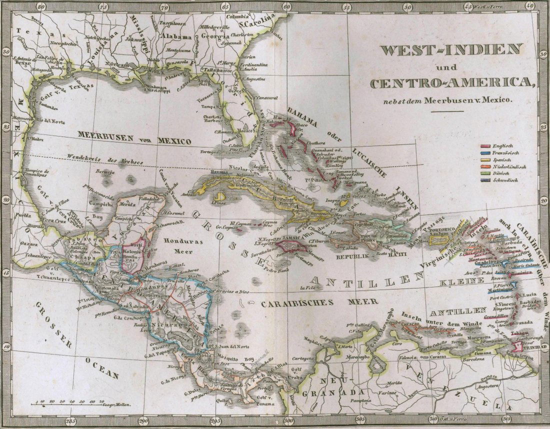 Map of America, together with the Gulf of Mexico. 1847.: Map of West - India and Centro - America, together with the Gulf of Mexico. 1847. Print of steel engraving, hand colored titled „West Indien und Centro America nebst dem Meerbusen v. Mexico.Author J