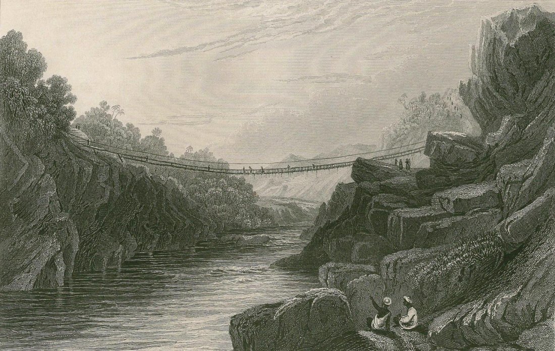 GRASS ROPE BRIDGE. INDIA. ~1839-1844.: GRASS ROPE BRIDGE AT TEREE-GURWALL. INDIA. ~1839-1844. Print from steel engraving. Drawn by David Cox. Engraved by W. Taylor. Published by FISHER, SON & Cᵒ LONDON. India officially the Re