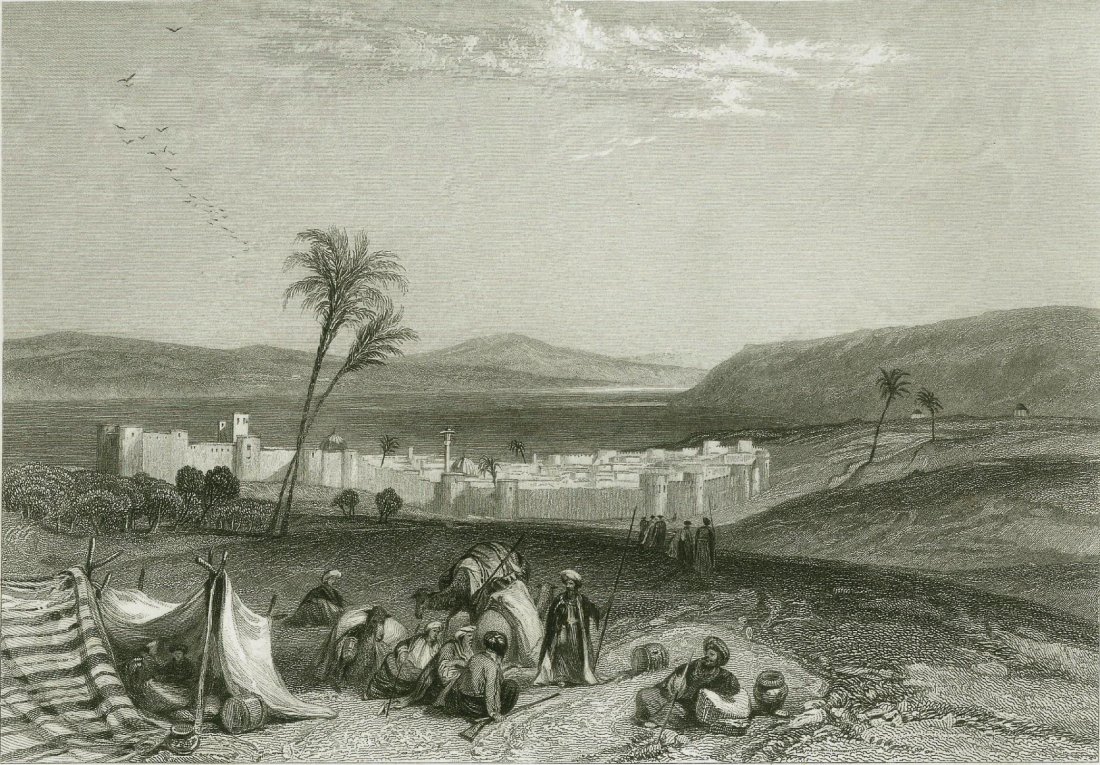 Tiberias and the Sea of Galilee. Israel. 19 th.: Print of steel engraving titled „Tiberias and the Sea of Galilee“. Drawn by J. D. Harding from a sketch made on the spot by Count Leon de Labarde. Engraved by E. Finden. The Sea of Galilee, also K