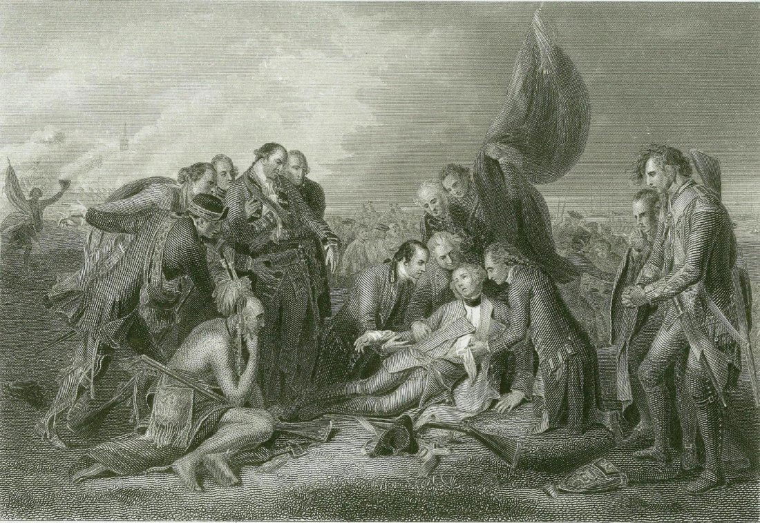 The death of general wolfe. England. 19th.: Print of steel engraving titled „The death of general wolfe.Artist Benjamin West.Engraved by S. Smith.The Death of General Wolfe is a well-known 1770 painting by Anglo-American artist Benjamin West