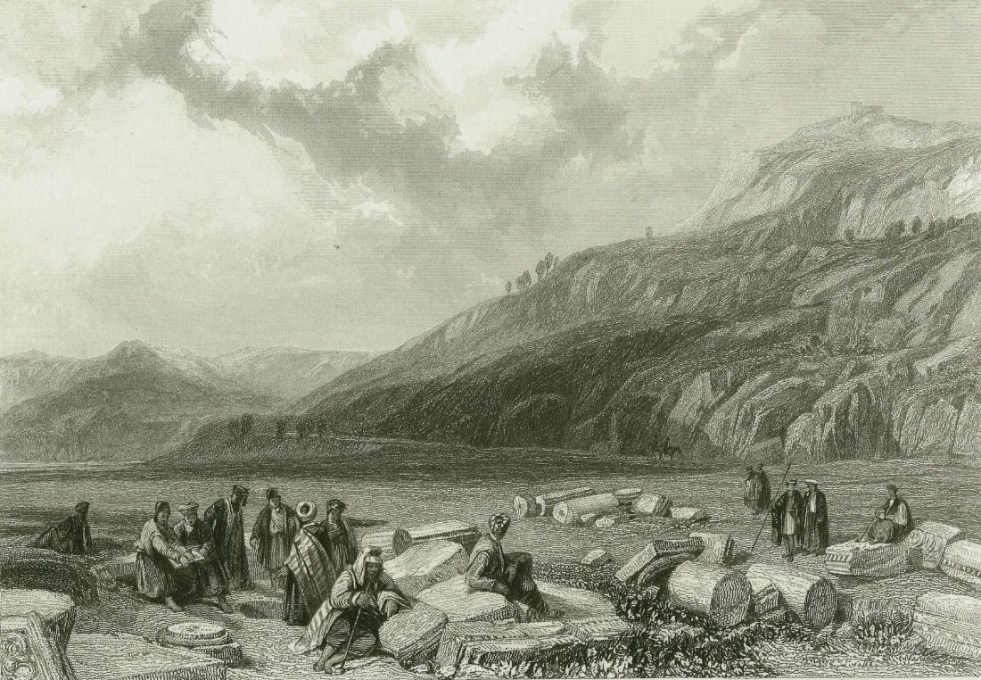 Jacob‘s Well, near Sechem. Israel. 1835.: Print of steel engraving titled „Jacob‘s Well, near Sechem“. Drawn by J. D. Harding from a sketch by M. Bracebrige. Engraved by W. Finden. Jacob's Well is a deep well hewn of solid rock that has