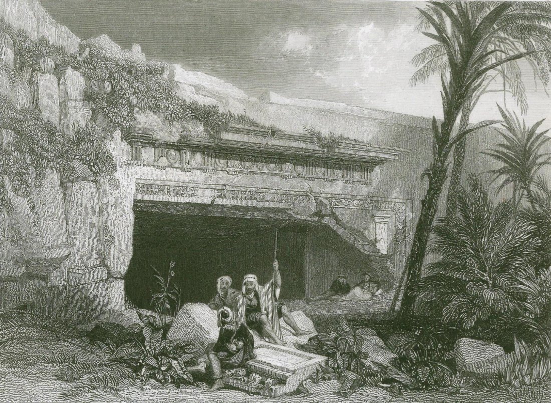 Sepulchres of the sons of David. Israel. 1835.: Print of steel engraving titled „Sepulchres of the sons of David“. Drawn by J. D. Harding from a sketch by Les Casas. Engraved by W. Finden. The number of sons mentioned by name in the Hebrew Bibl