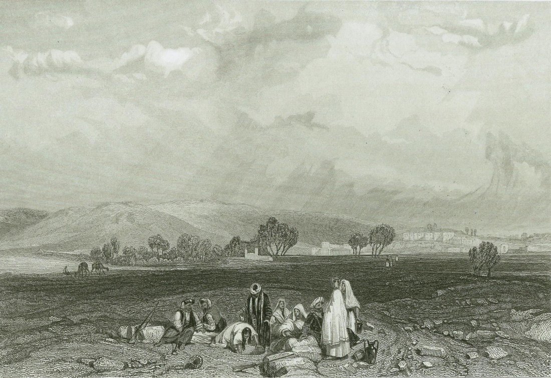 Cana of Gallilee. Israel. 1830: Print of steel engraving titled „Cana of Gallilee“. Drawn by J. D. Harding from a sketch made on the spot by M. Bracebridge. Engraved by W. Finden. The Gospel of John refers a number of times to a