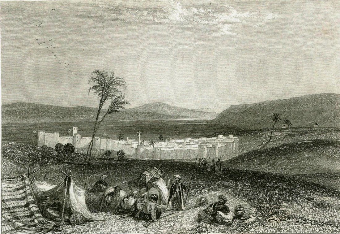Tiberias and the Sea of Galilee. Israel. 19 th.: Print of steel engraving titled „Tiberias and the Sea of Galilee“. Drawn by J. D. Harding from a sketch made on the spot by Count Leon de Labarde. Engraved by E. Finden. The Sea of Galilee, also K