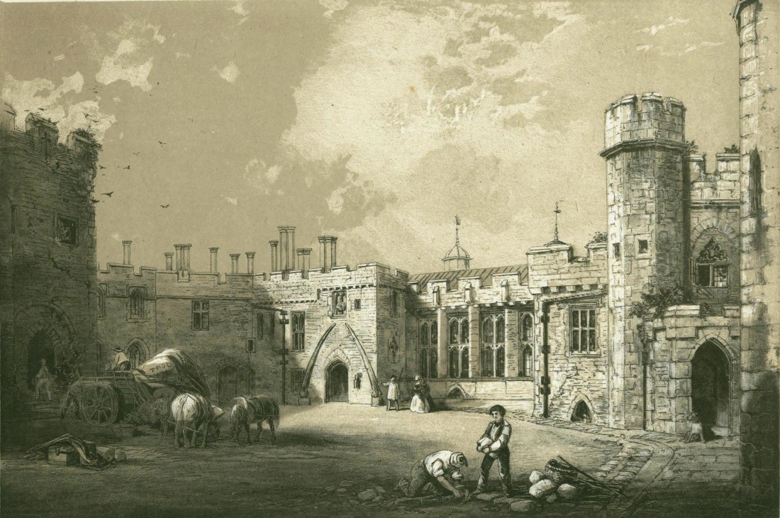 Berkley Castle. Gloucestershire. England. 1846.: Lithography titled „Berkley Castle Gloucestershire“. Drarw in Lithotint by F. W. Hulme from sketch by J. G. Jackson. Engraved by unknown. Berkeley Castle (historically sometimes spelt Berkley Cast