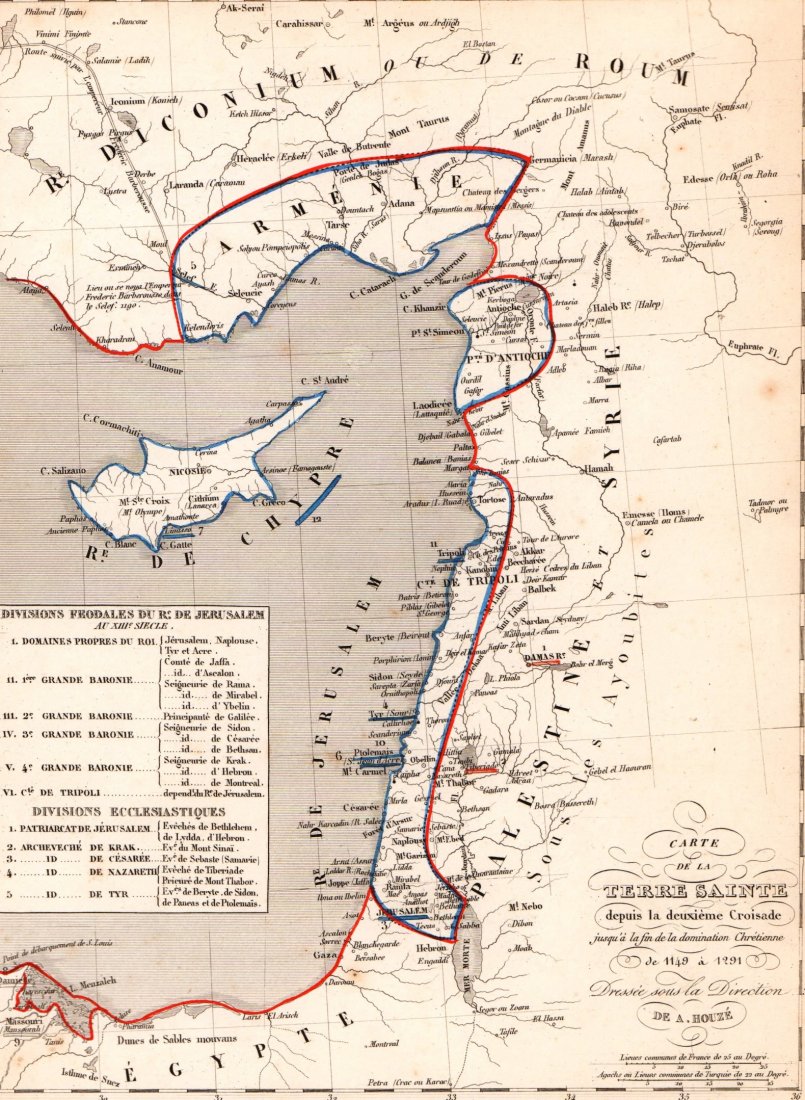 Map of the Holy Land. Print in 1850.: Map of the Holy Land since the Second Crusade in 1149 - 1291. Print in 1850. Print of steel engraving titled „Carte de la Terre Sainte depuis la deuxieme Croisade jusqua la fin de la domination Chre