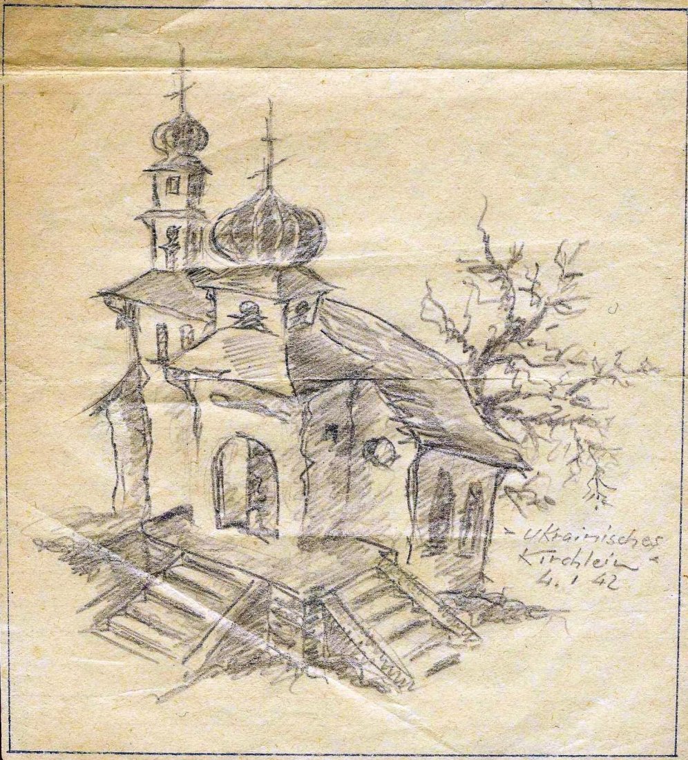 Ukrainian church. Ukrain. 1942.: Drawings titled „Ukrainisches Kirchlein“. Artist unknown. Unique, drawn with pencil. Notes: - Ukrainisches Kirchlein – 4. 1. 42. Approx. image size 13 x 11/14, 2 x 13, 2 cm.