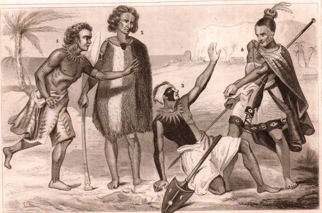 Costumes of the Inhabitants of Tonga New Zealand. 1844.: Costumes of the Inhabitants of Tonga Tabou in New Zealand. 1844. Print of steel engraving titled „Costumes des Habitans de Tonga Tabou De la Nouvelle Zelande. Author Demoraine. Engraved by Taillant.