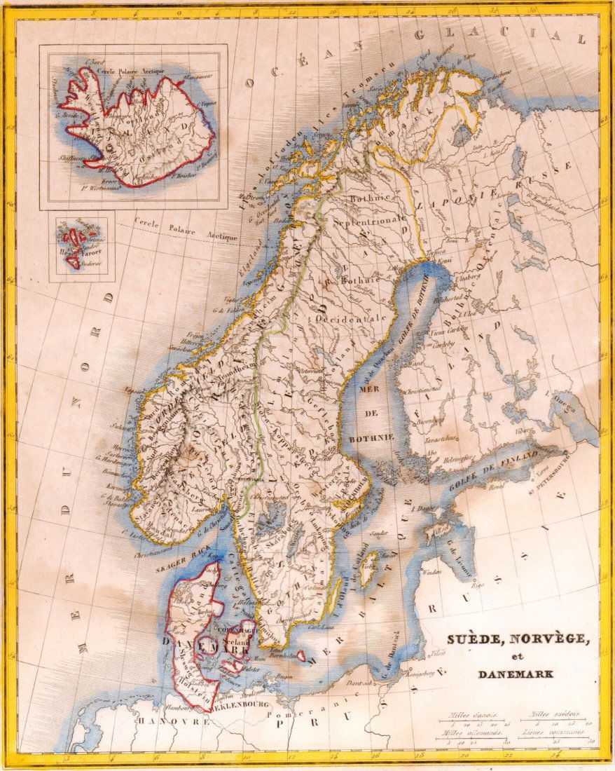 Map of Sweden, Norway and Denemark. Scandinavia. 1835.: Print of hand colored steel engraving titled „Suede, Norvege et Denemark.Author C. V. Monin.Engraved by unknown.From the „Atlas Universel de Geography by C. V. Monin. Parsi. 1835.Sweden officially