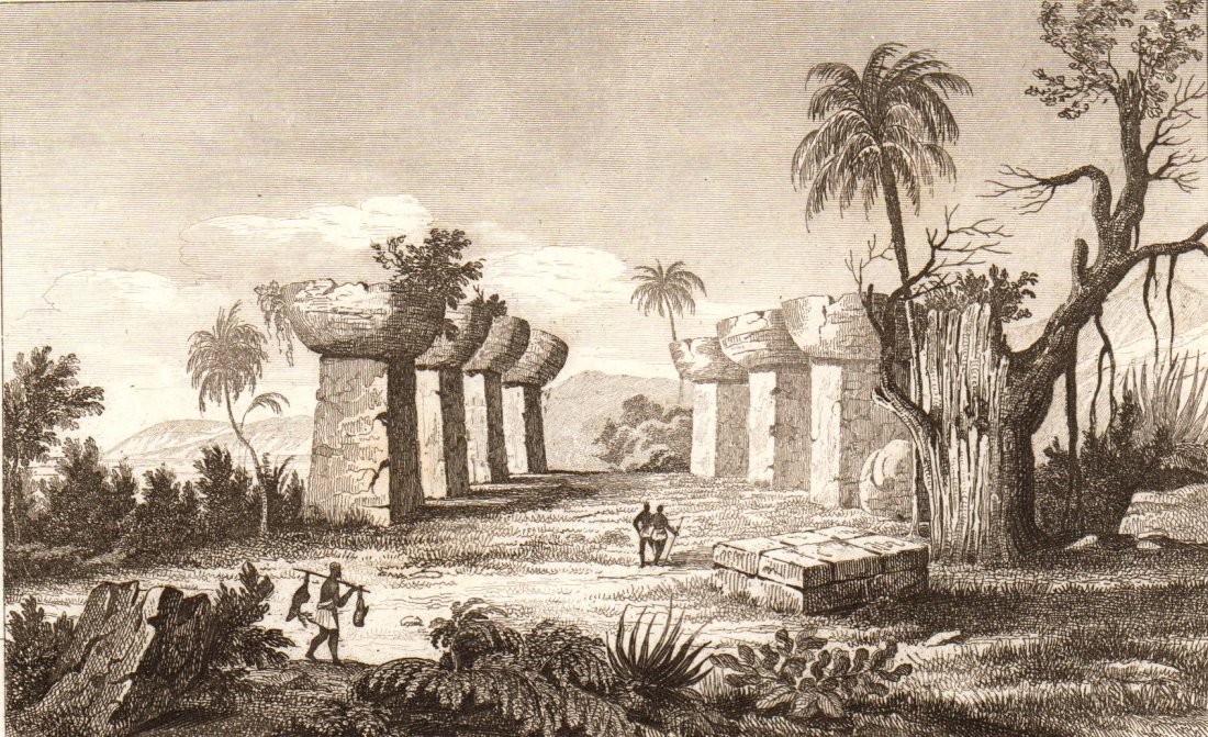 Ancient monument of the island Tinian. Polynesia. 1836.: Print of steel engraving titled „Ancien monument de l‘ ile Tinian (mariannes)“. Author Danvin. Engraved by Aubert. From the „Oceanie ou cinquieme partie du monde. Revue geographique et ethnogr