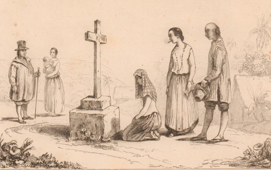 Men and women of Oumata. Islando of Mariana. 1836.: Print of steel engraving titled „Hommes et femmes d‘ Oumata“. Author Danvin. Engraved by Longlois. From the „Oceanie ou cinquieme partie du monde. Revue geographique et ethnographique de la Ma