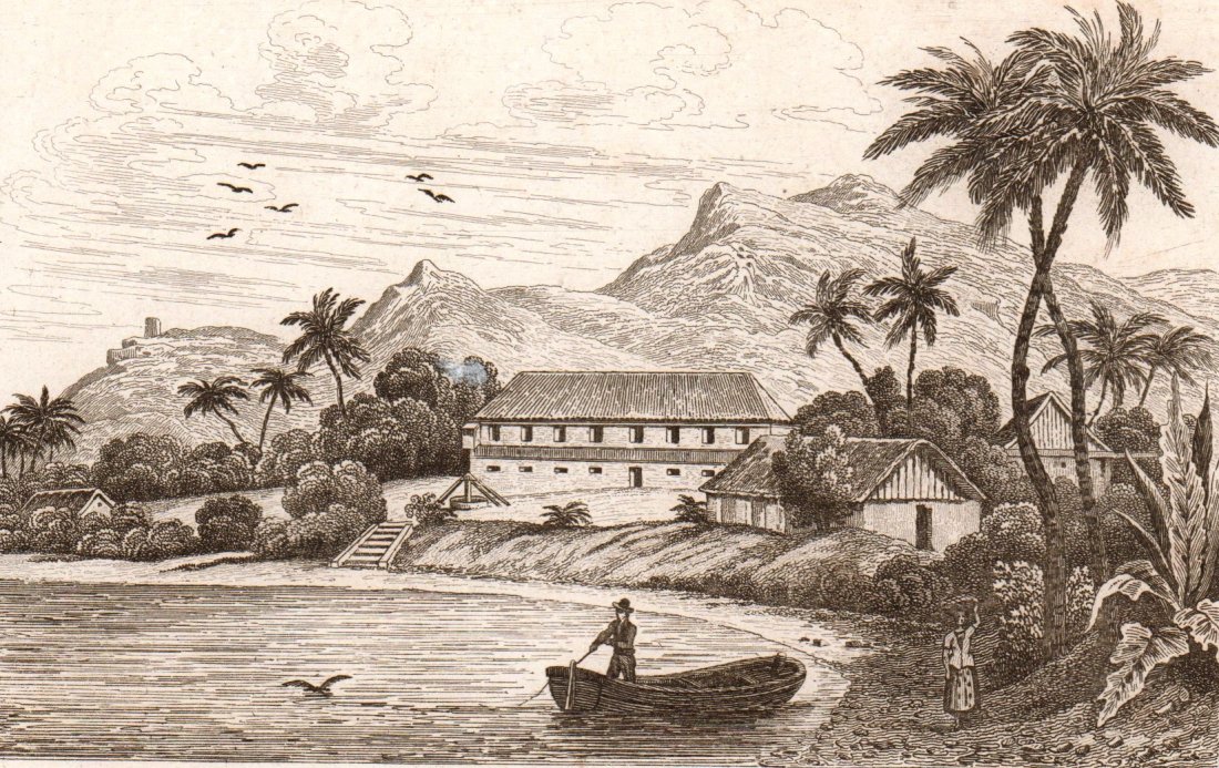 View of the Real Casa. Islando of Mariana. 1836.: View of the Real Casa of Oumata. Islando of Mariana. 1836. Print of steel engraving titled „Vue de la Casa real d‘ Oumata“. Author Danvin. Engraved by Desaul. From the „Oceanie ou cinquieme pa