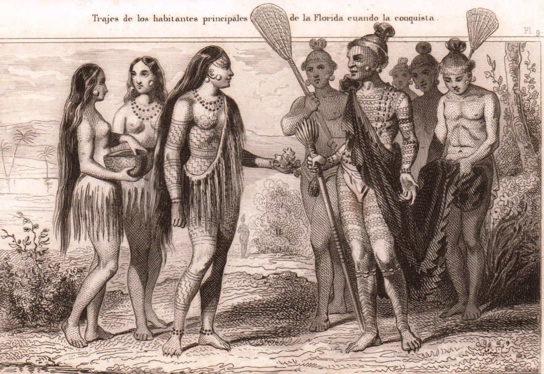 Costumes major of inhabitants in Florida. USA. 1844.: Print of steel engraving titled Costumes des principaux habitans de la Floride“. Author Demoraine. Engraved by Prot. From the Histoires D‘Amerique, et D‘ Oceanie. Depuis les temps les plus recul