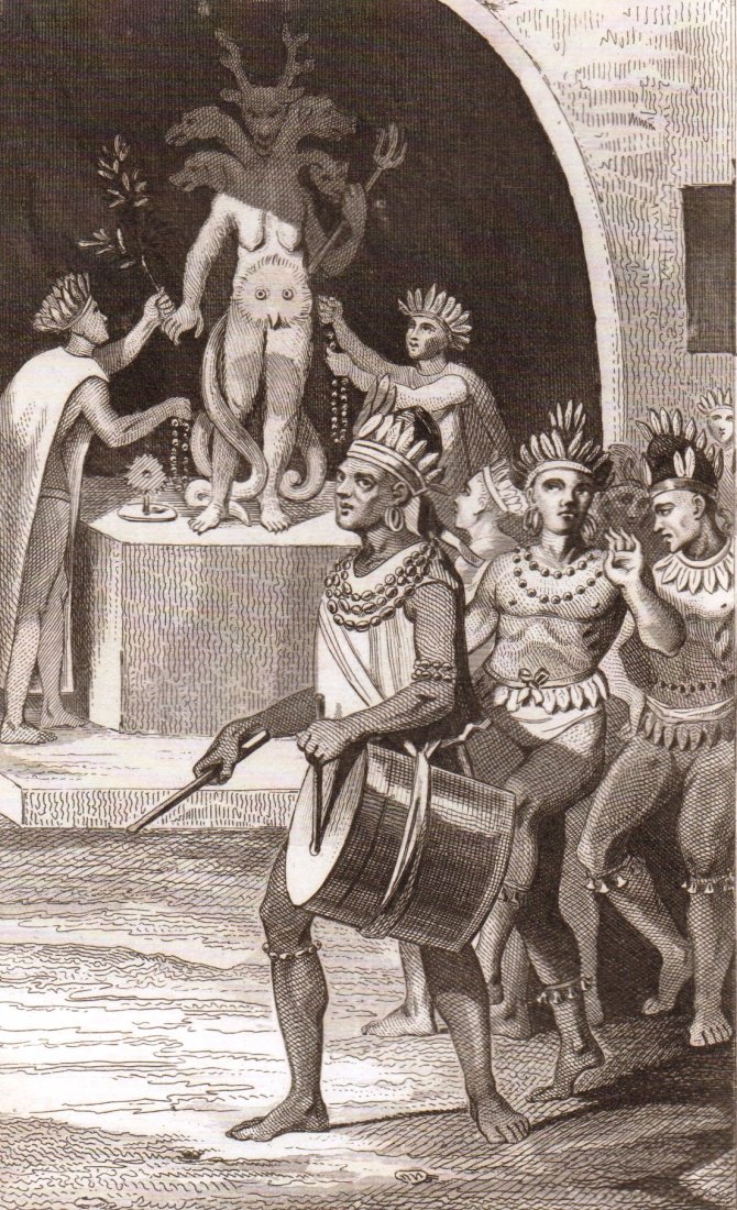Cult of the Indians. Florida. USA. 1844.: Print of steel engraving titled Culte des Indiens de la Floride“. Author Demoraine. Engraved by Prot. From the Histoires D‘Amerique, et D‘ Oceanie. Depuis les temps les plus recules jusqu‘a no