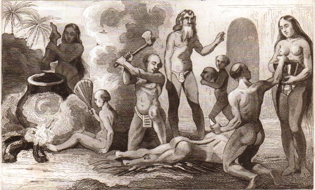 Preparation for a cannibalistic meal. Brazil. 1844.: Preparation for a cannibalistic meal in Brazil. South America. 1844. Print of steel engraving titled Preparation d‘un repas de cannibales au Bresil“. Author Demoraine. Engraved by Prot. From the H