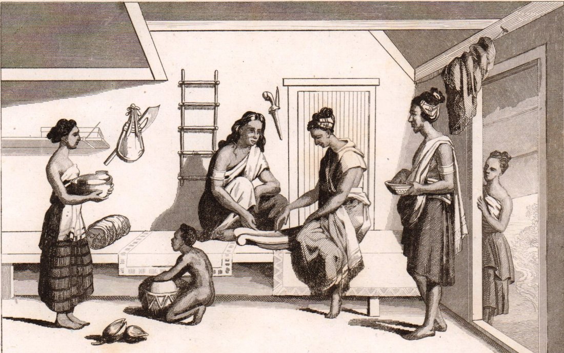 Women playing Congkak. Indonesia. 1836.: Women playing Congkak. Timor island. Indonesia. 1836. Print of steel engraving titled Femmes jouant au Tchonka“. Author Danvin. Engraved by Peronan. From the Oceanie ou cinquieme partie du monde. Re