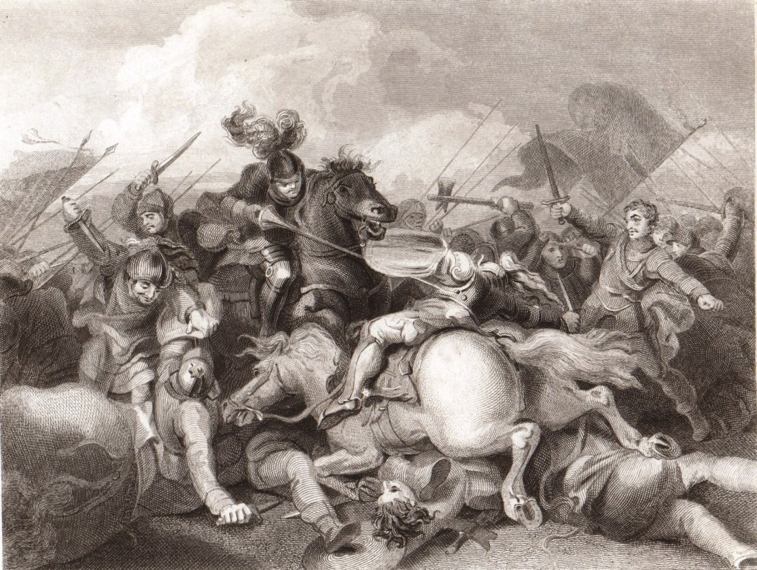 Death of Richard the III. England. 19th.: Death of Richard the III at the Battle of Bosworth field. England. 19th. Print of steel engraving titled Death of Richard the III at the Battle of Bosworth field“. Author Philip James de Loutherbour
