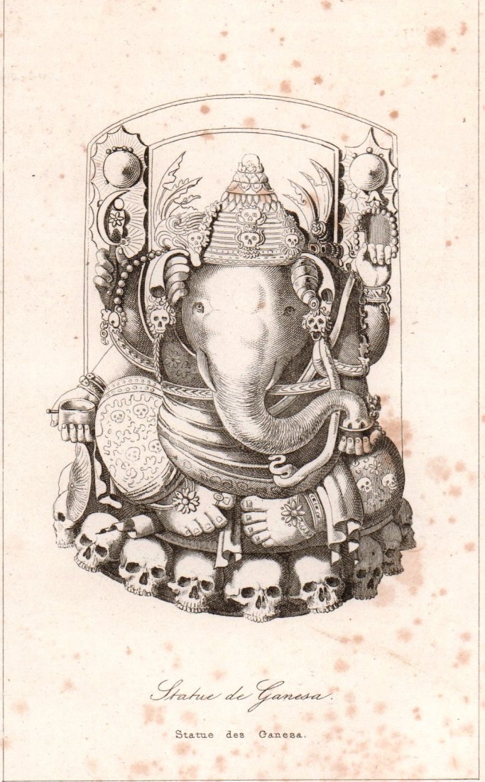 Statue of Ganesha. Malaysia. 1836.: Print of steel engraving titled Statue de Ganesa“. Author unknown. Engraved by unknown. From the Oceanie ou cinquieme partie du monde. Revue geographique et ethnographique de la Malaisie, de la Micr