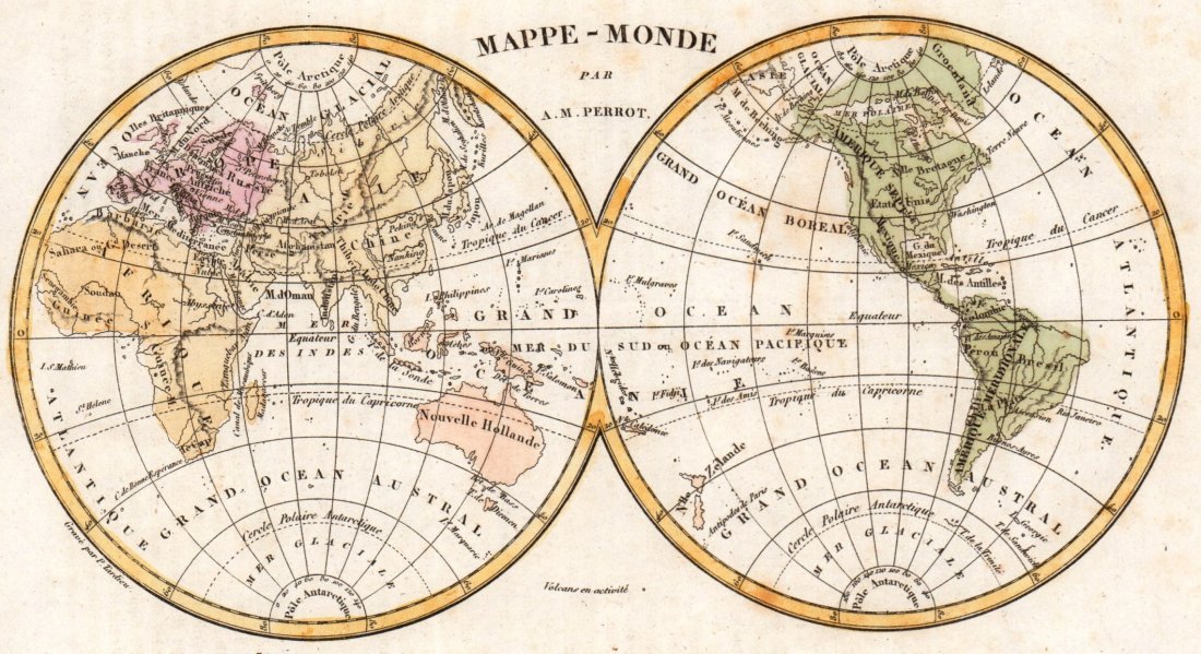 A. M. Perrot. Map of the World. 1837.: Print of hand colored steel engraving titled Mappe - Monde“. Author A. M. Perrot. Engraved by unknown. From Dictionnaire universel Geographie moderne, description physique, politique et historique d