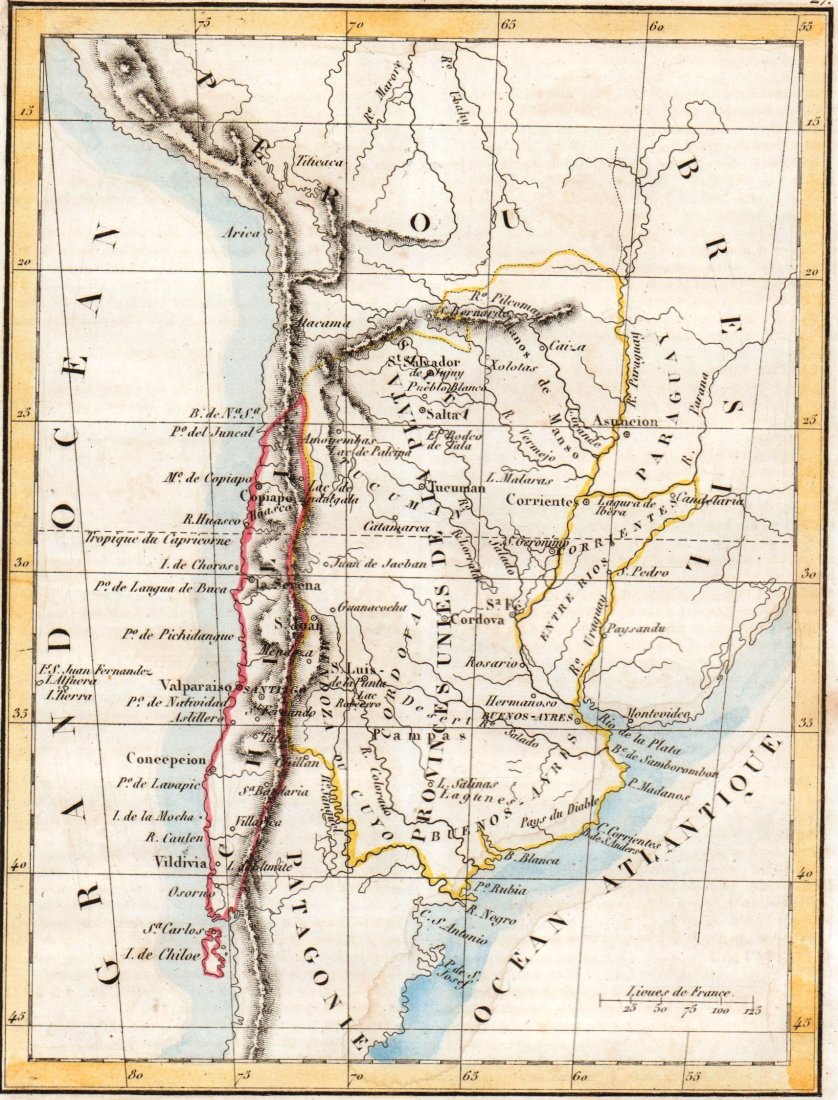 A. M. Perrot. Map of Buenos Aires and Chile. 1837.: Print of hand colored steel engraving titled Buenos-Aires et Chili“. Author A. M. Perrot. Engraved by unknown. From Dictionnaire universel Geographie moderne, description physique, politique et hist