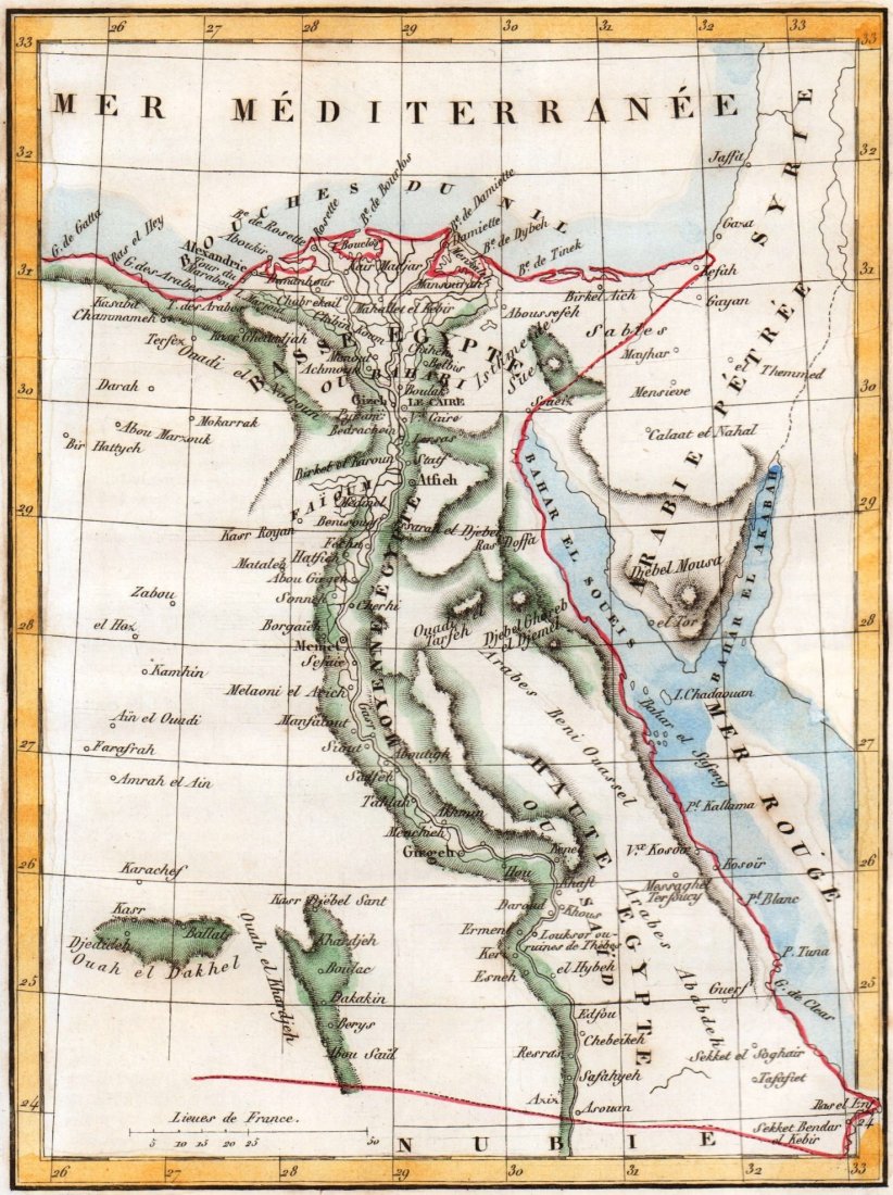 A. M. Perrot. Map of Egypt. 1837.: Print of hand colored steel engraving titled Egypte“. Author A. M. Perrot. Engraved by unknown. From Dictionnaire universel Geographie moderne, description physique, politique et historique de tous 
