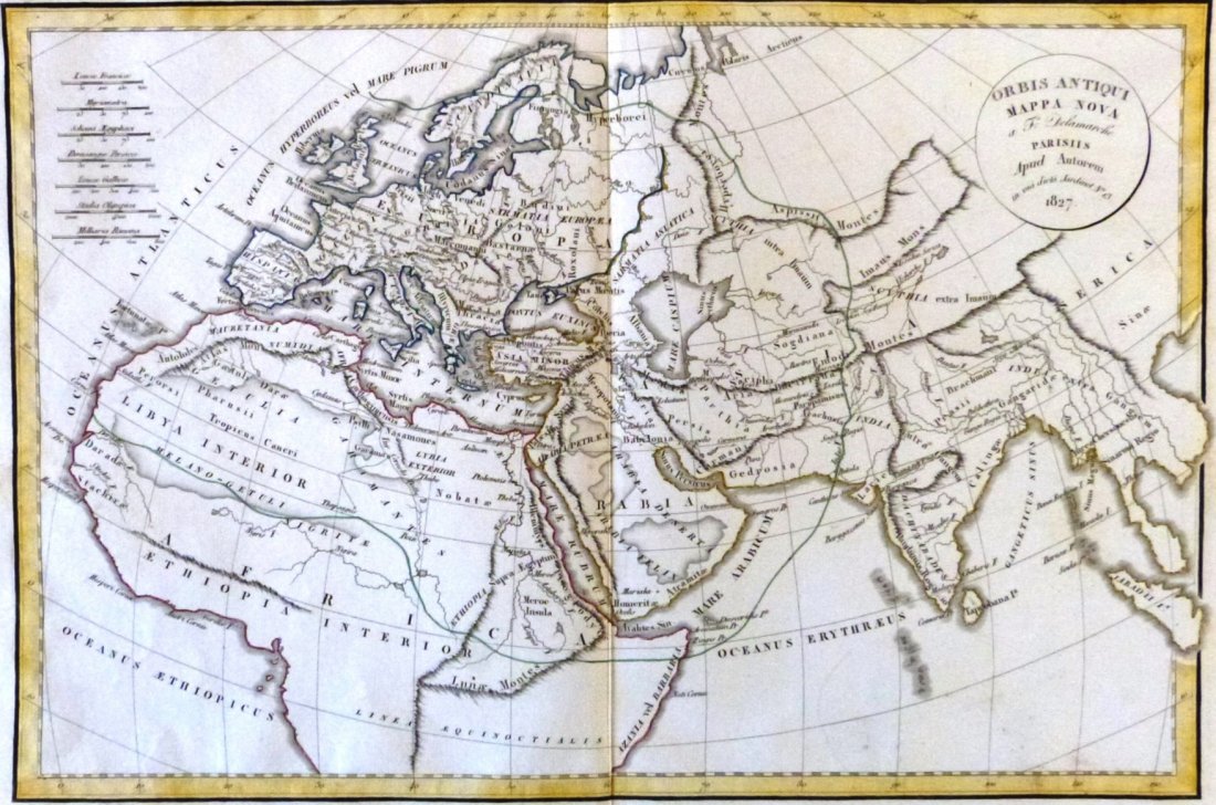 Map of the World. 1827.: Print of steel engraving titled Orbis antiqui Mappa Nova“. Author Fellx Delamarche. Engraved by unknown. From Atlas de la Geographie ancienne du moyen age et moderne“ by Fellx Delamarche. Paris. 1