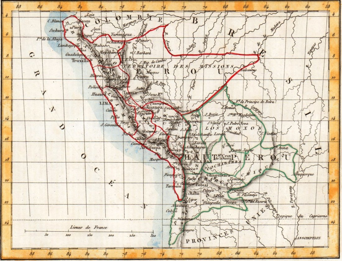 A. M. Perrot. Map of Peru. 1837.: Print of hand colored steel engraving titled Perou“. Author A. M. Perrot. Engraved by unknown. From Dictionnaire universel Geographie moderne, description physique, politique et historique de tous l