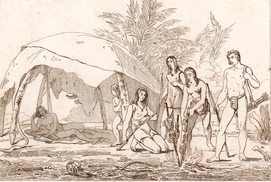 Charruas Indians. Uruguay. South America. 1835 - 1841.: Print of steel engraving titled Indiens Charruas Uruguay“. Author Danvin. Engraved by Branche. Published in L‘Univers Pittoresque ou Histoire et description de tous les peuples“