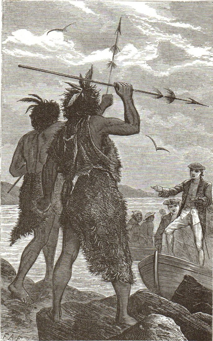 Two natives dispute captain cook‘s landing. England.: Two natives dispute captain cook‘s landing. England. 1904. Print of woodcut engraving titled Two natives dispute Captain Cook‘s landing“. Artist FAF. Engraved by unknown. Captain James Cook, FRS