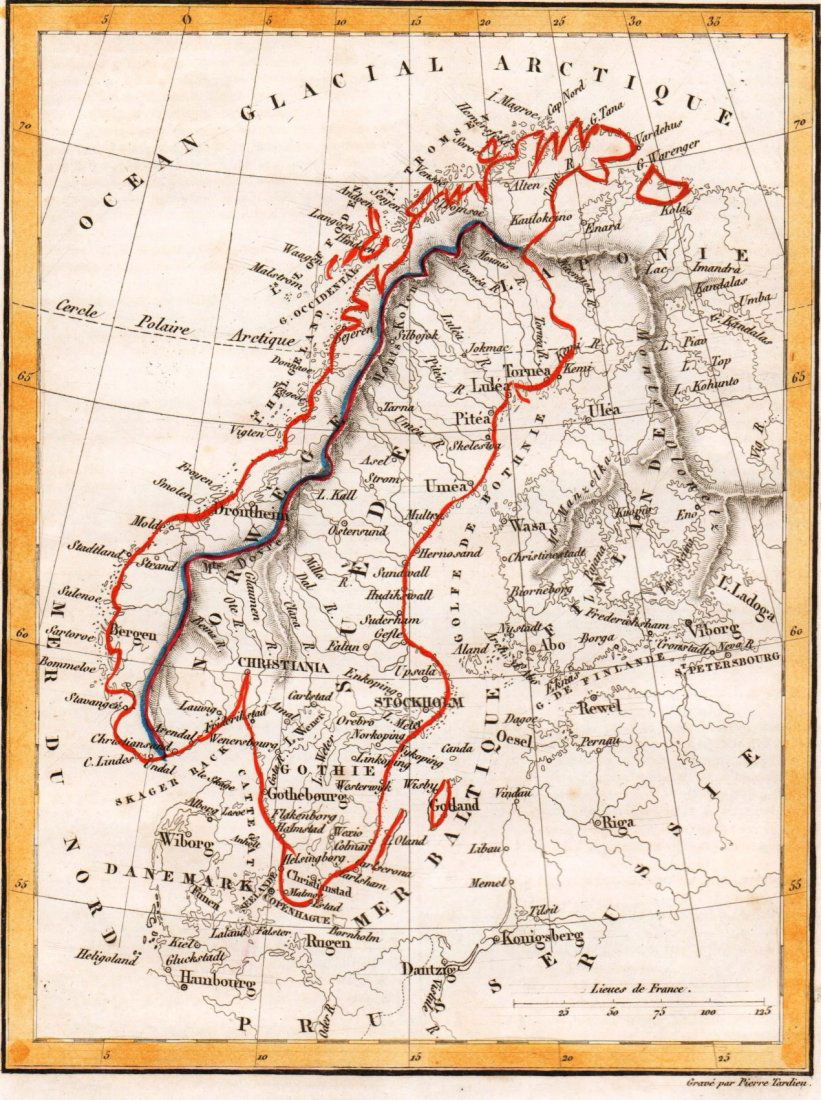 A. M. Perrot. Map of Sweden and Norway. Scandinavia.: A. M. Perrot. Map of Sweden and Norway. Scandinavia. 1837.Print of hand colored steel engraving titled Suede et Norwege“.Author A. M. Perrot.Engraved by unknown.From Dictionnaire universel Geographi