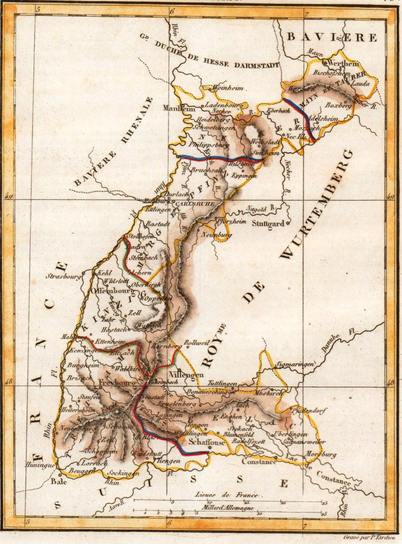 A. M. Perrot. Map of Grand Duchy of Baden. Germany.: A. M. Perrot. Map of Grand Duchy of Baden. Germany. 1837.Print of hand colored steel engraving titled Grand Duche de Bade“.Author A. M. Perrot.Engraved by unknown.From Dictionnaire universel Geograp
