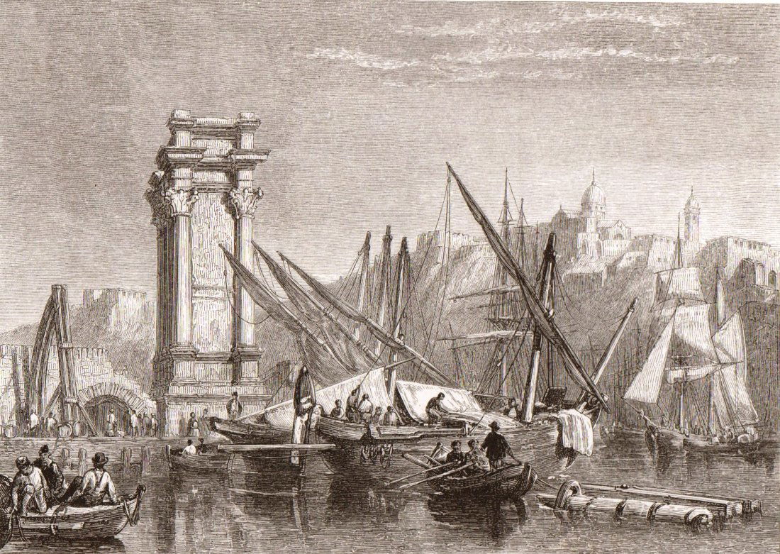 Boats near the temple ruins. England. 19th. (1 of 3)