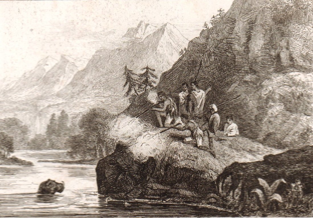 Hunting the Hippopotamus. Abyssinia. Africa. 1835-1841: Print of steel engraving titled Chasse a l‘ Hippopotame Abyssinie“. Author unknown. Engraved by unknown. Published in L‘Univers Pittoresque ou Histoire et description de tous les peuples“