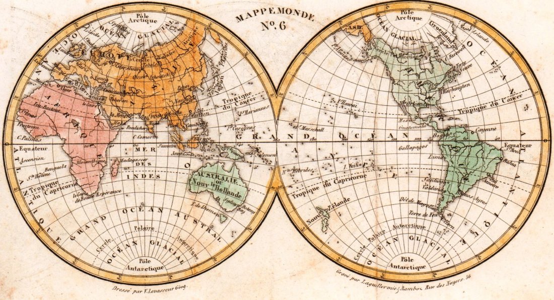 Victor Lavasseur. Map of the world. 1830.: Print of hand colored steel engraving titled Mappemonde“. Author Victor Lavasseur. Engraved by unknown. From Atlas classique universel de Geographie anciene et moderne“ by Victor Levasseur. Paris.