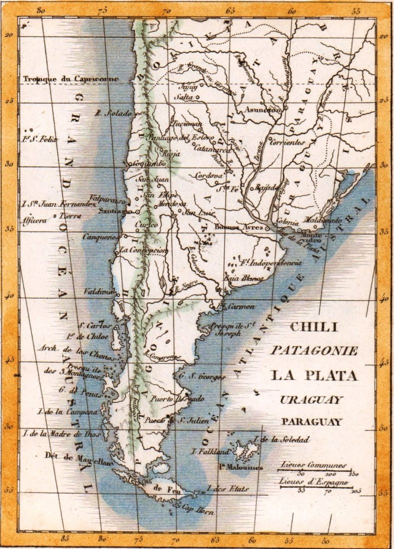 Map of Chile Patagonia Uruguay Paraguay. 1830.: Victor Lavasseur. Map of Chile Patagonia Uruguay Paraguay. 1830. Print of hand colored steel engraving titled Chili Patagonie La Plata Uraguay Paraguay“. Author Victor Lavasseur. Engraved by unknown