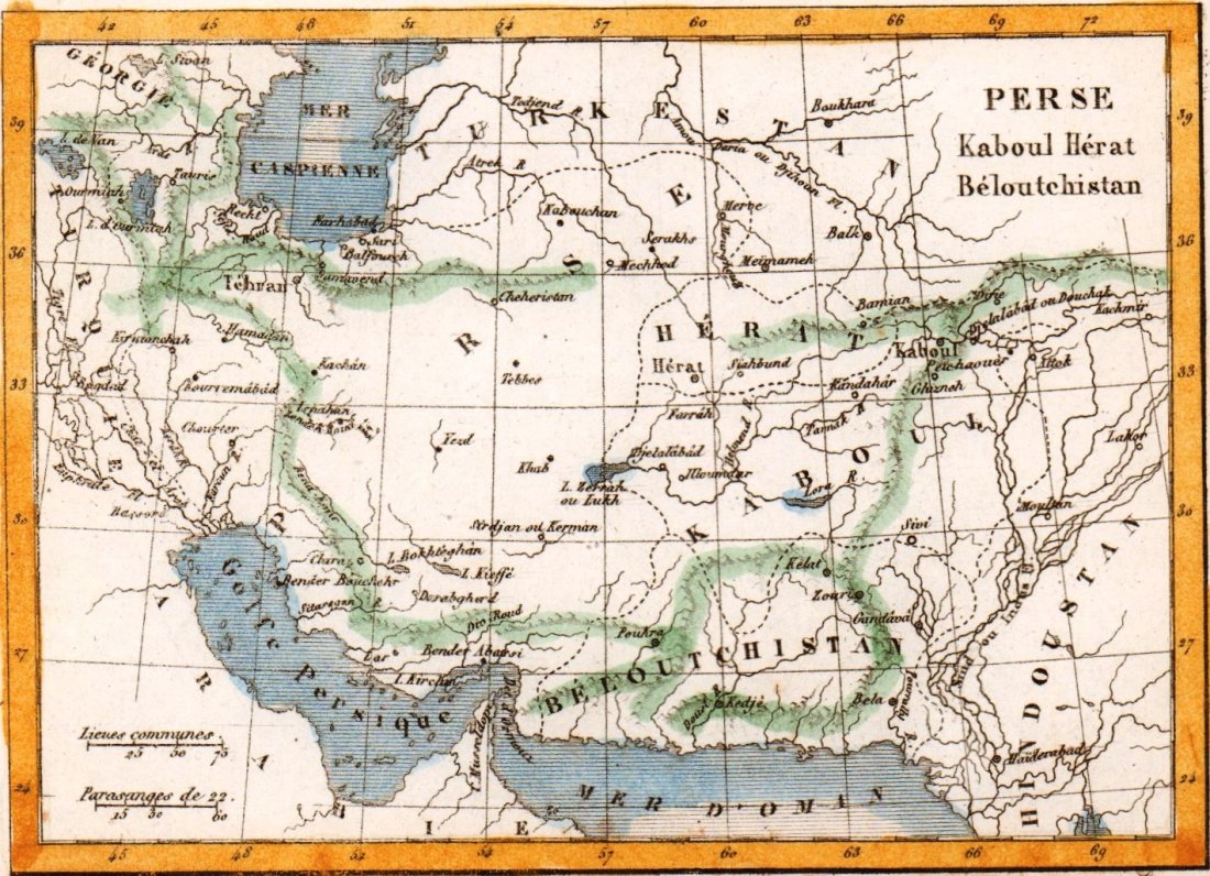 Victor Lavasseur. Map of Persia. 1830.: Print of hand colored steel engraving titled Perse Kaboul Herat Beloutchistan“. Author Victor Lavasseur. Engraved by unknown. From Atlas classique universel de Geographie anciene et moderne“ by Vi