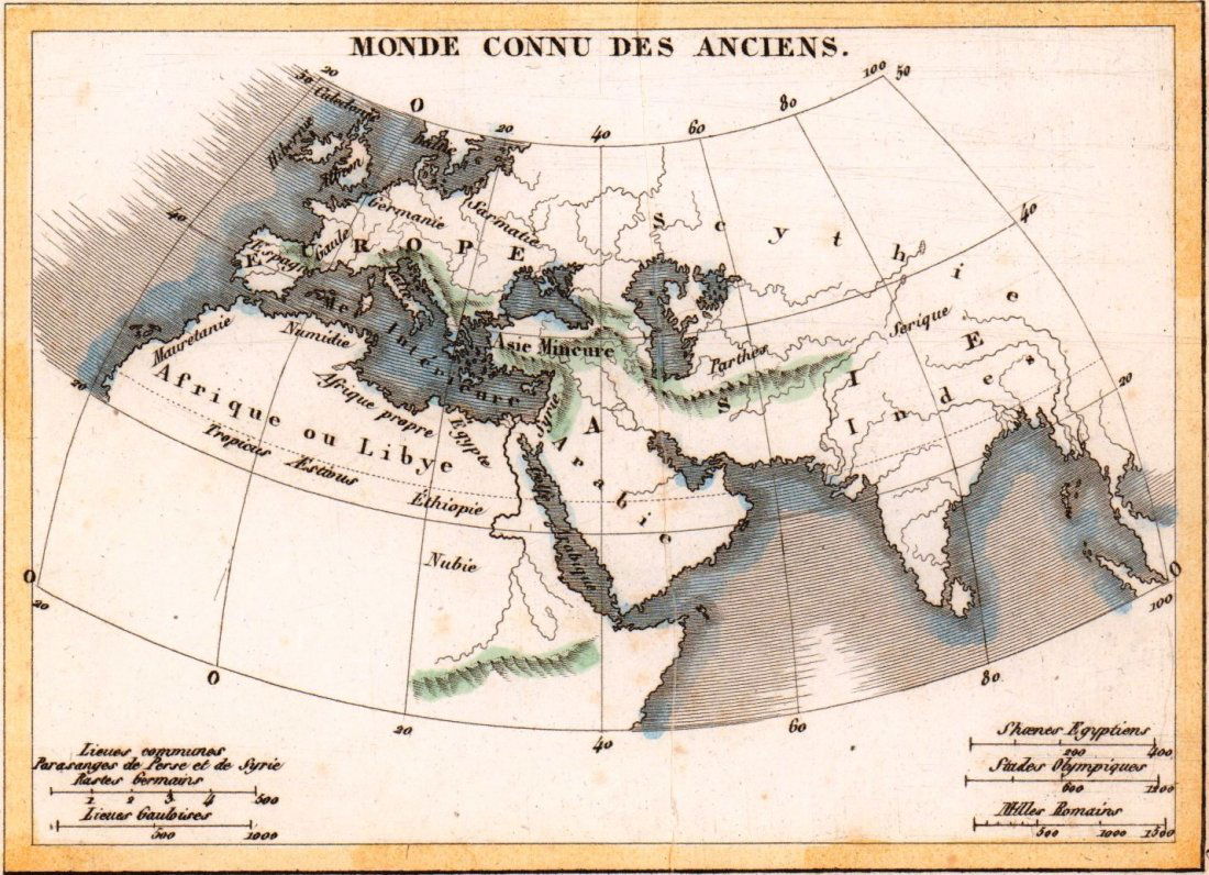 Victor Lavasseur. Map of Known world of the Ancients.: Victor Lavasseur. Map of Known world of the Ancients. 1830.Print of hand colored steel engraving titled Monde connu des Anciens“.Author Victor Lavasseur.Engraved by unknown.From Atlas classique univ