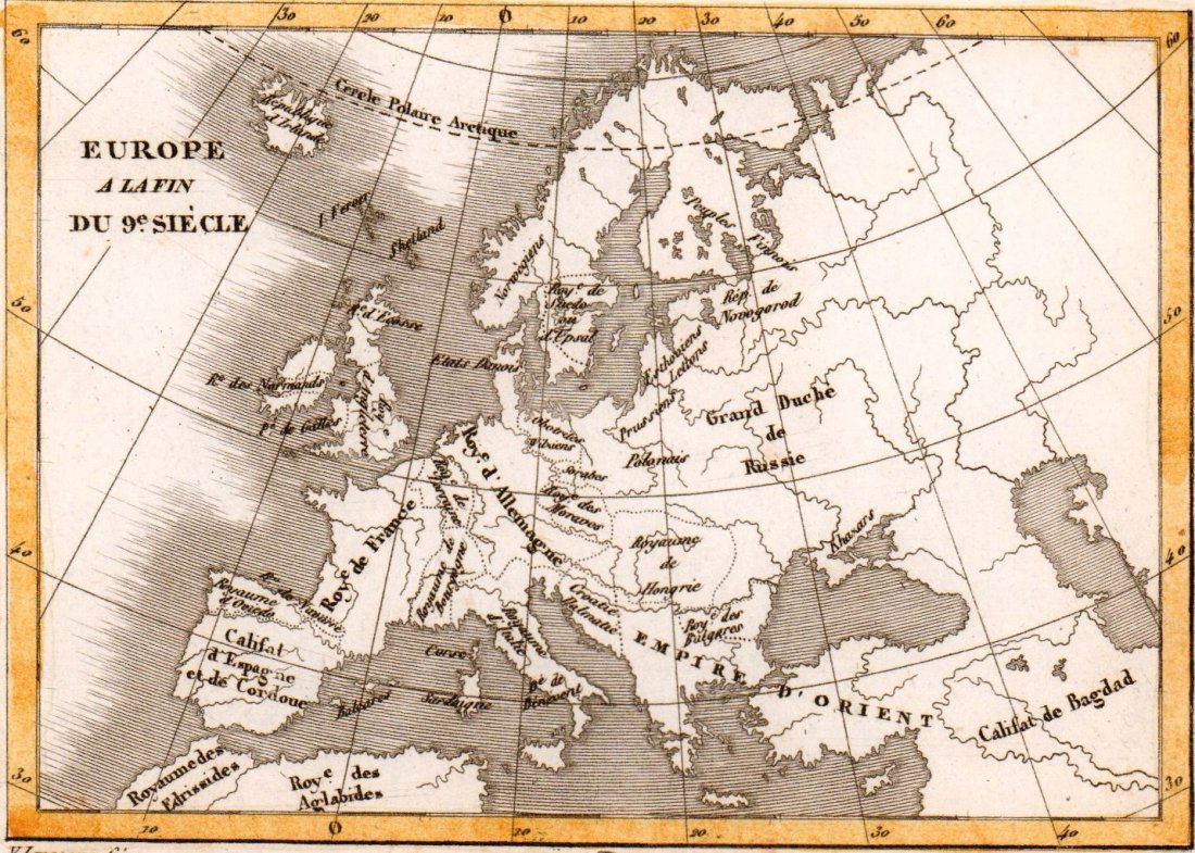 Map of Europe at the end of the 9th Century. 1830.: Victor Lavasseur. Map of Europe at the end of the 9th Century. 1830.Print of hand colored steel engraving titled Europe a la fin du 9 Siecle“.Author Victor Lavasseur.Engraved by unknown.From Atlas c