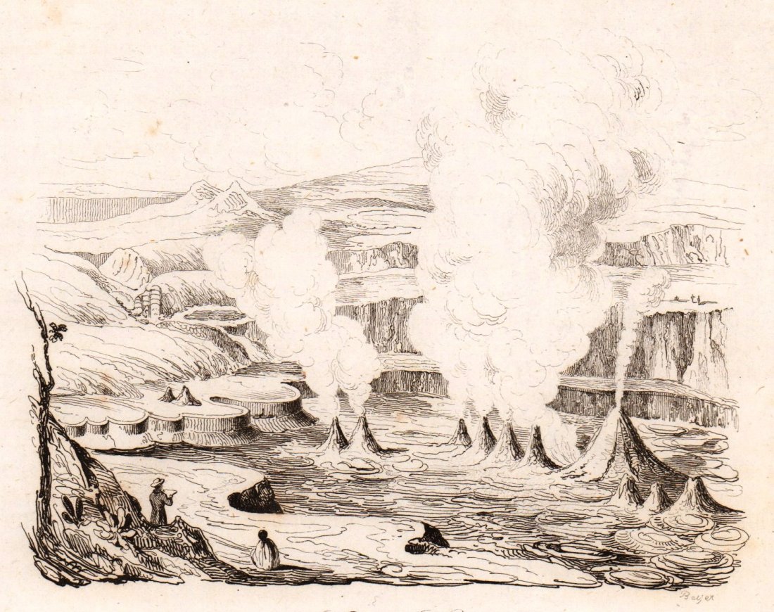 M. Dumont D’Urville. Volcano Kilauea. Hawaii. 1834.: Print of steel engraving titled Volcan de Kirau-ea“. Author Jules Sbastien Csar Dumont d'Urville. Engraved by unknown. From Voyage pittoresque Autour du Monde, resume general des voyages decouvertes