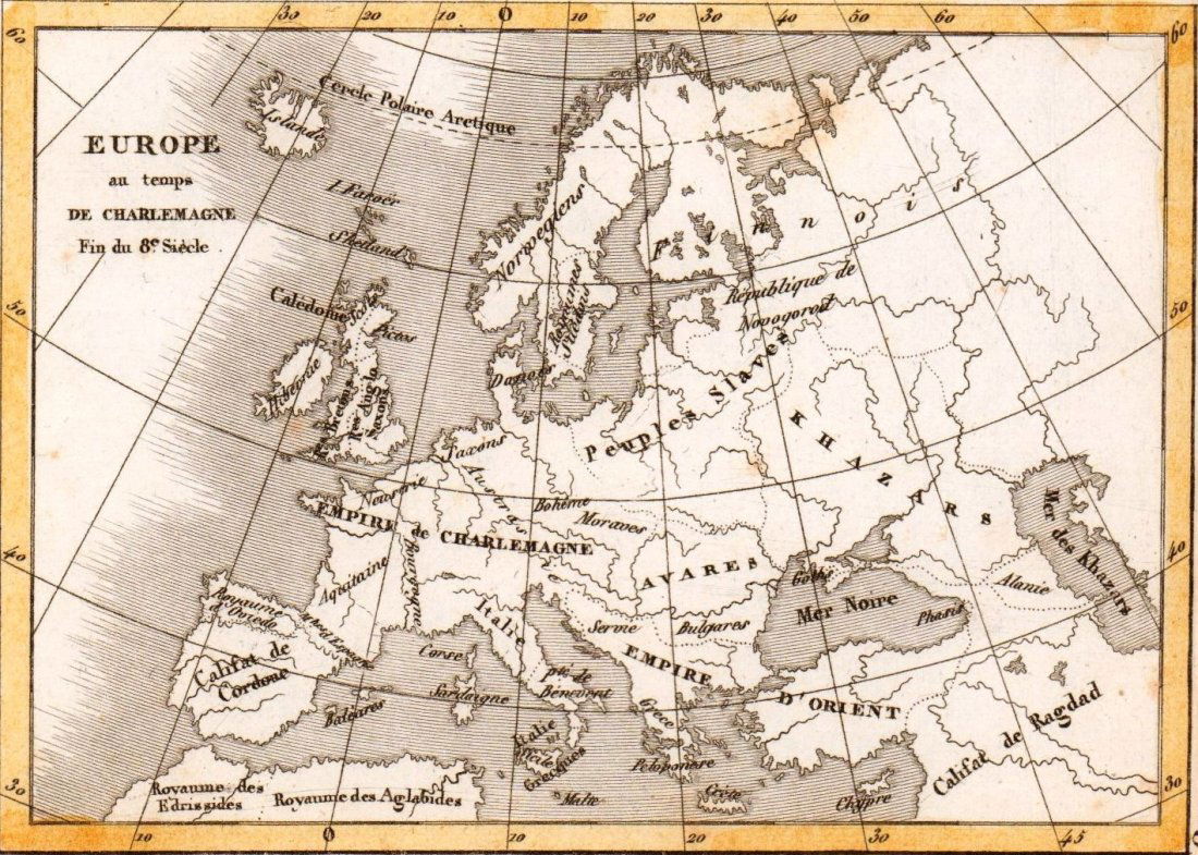 Map of Europe in the time of Charlemagne. 1830.: Victor Lavasseur. Map of Europe in the time of Charlemagne at end of the 8 century. 1830.Print of hand colored steel engraving titled Europe au temps de Charlemagne fin du 8 siecle“.Author Victor La