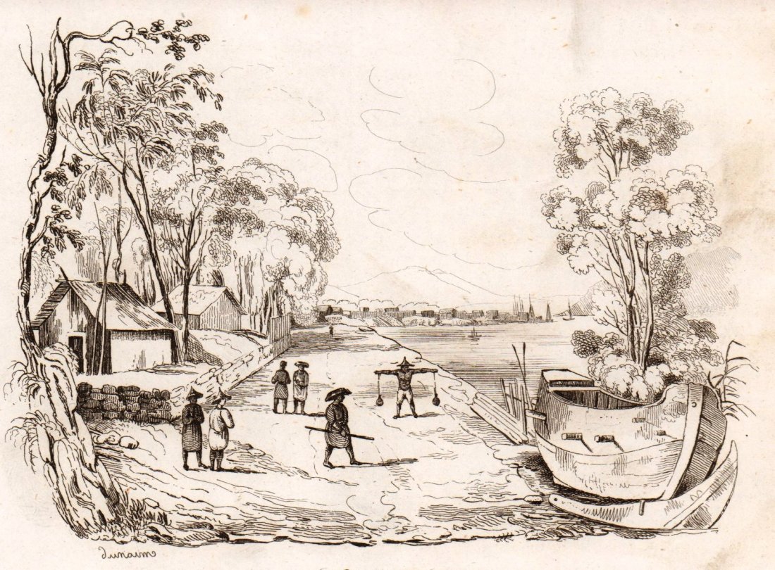 M. Dumont D’Urville. View of Tourane. Vietnam. 1834.: Print of steel engraving titled „Vue de Touranne“. Author Jules Sébastien César Dumont d'Urville. Engraved by Lurnaim. From „Voyage pittoresque Autour du Monde, resume general des voyages deco