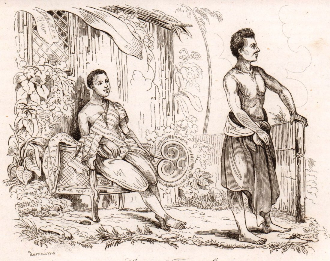 De Sainson. Male and Female Siamese. Thailand. 1834.: Print of steel engraving titled „Homme and Femme Siamois“. Author De Sainson. Engraved by Lernaim. From „Voyage pittoresque Autour du Monde, resume general des voyages decouvertes, public sous l