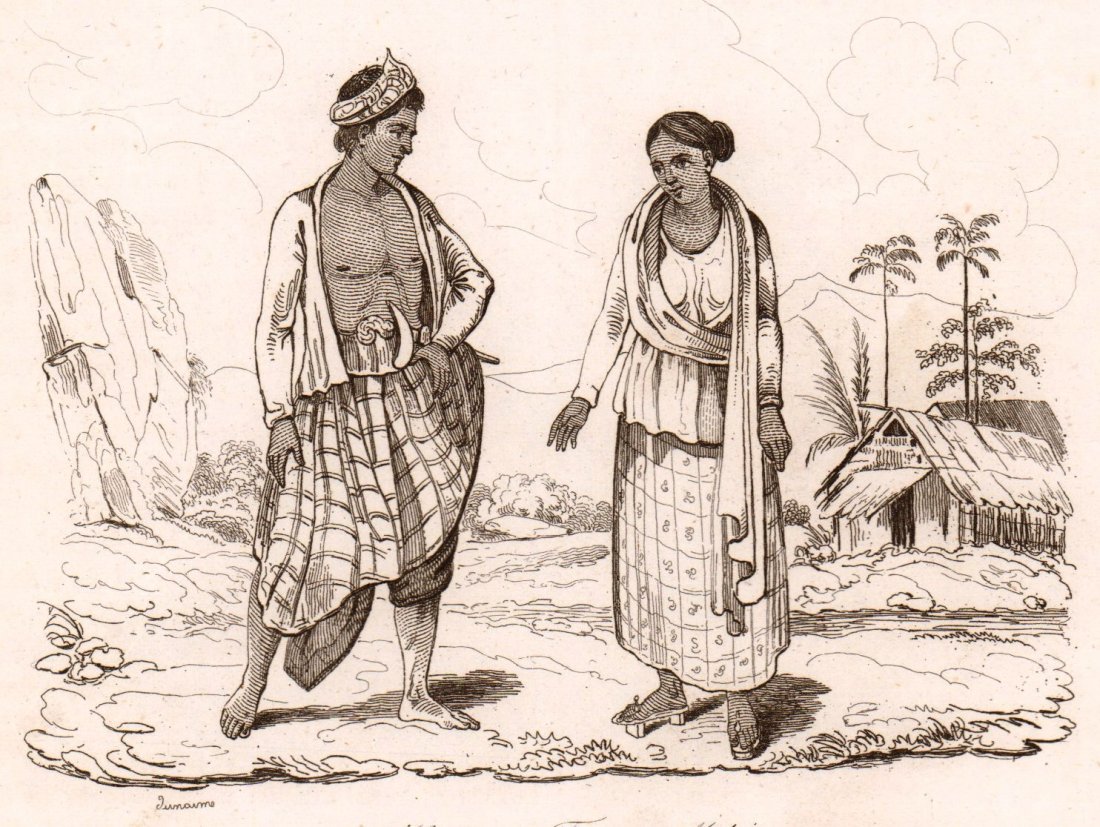 De Sainson. Male and Female Malaysians. Malaysia. 1834.: Print of steel engraving titled „Homme et Femme Malais“. Author De Sainson. Engraved by Lernaim. From „Voyage pittoresque Autour du Monde, resume general des voyages decouvertes, public sous la 