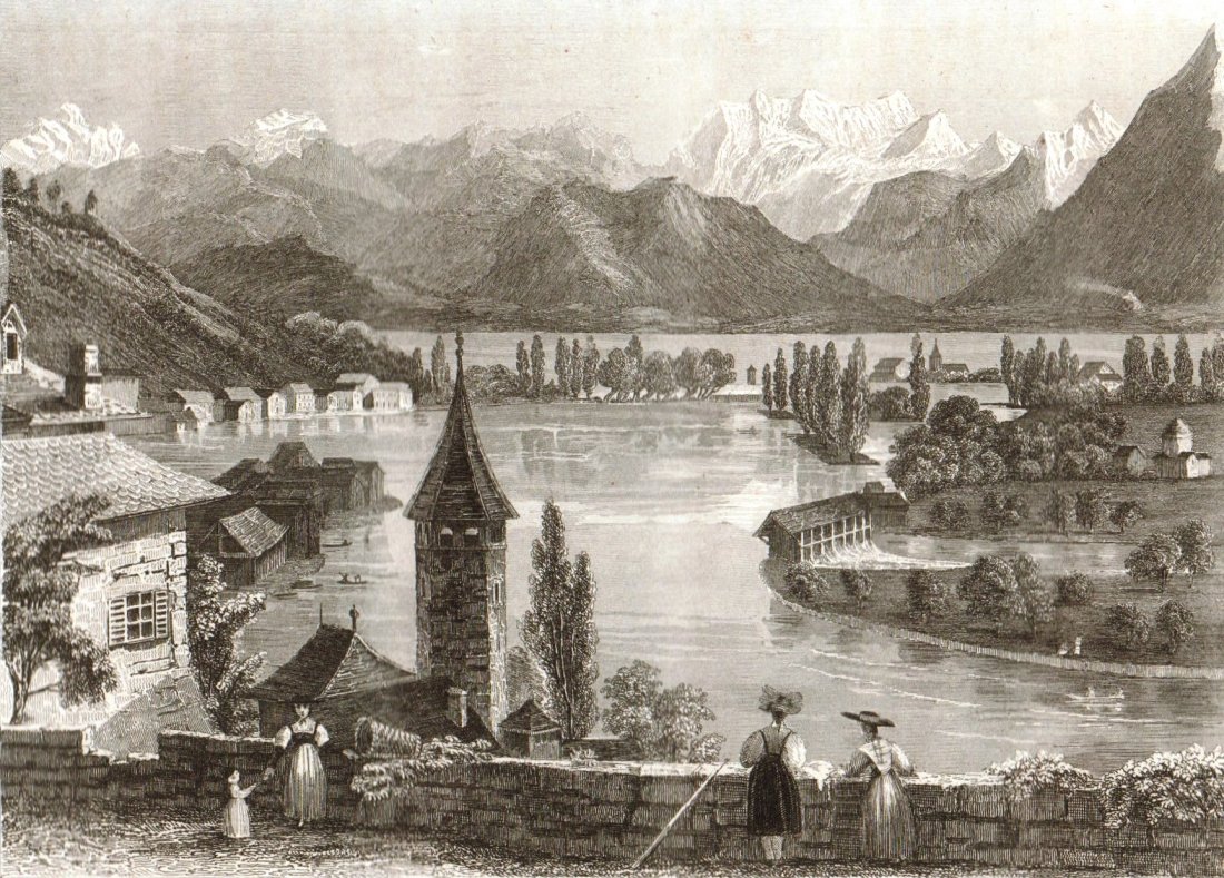 Landscape of Zürich. Switzerland. 1859.: Print of steel engraving titled „Vue prise aux environs de Zurich“. Drawn by Bartlett. Engraved by Formsterher. From „Le Monde Histoire Tous les peuples depuis les temps les plus recules“ by M