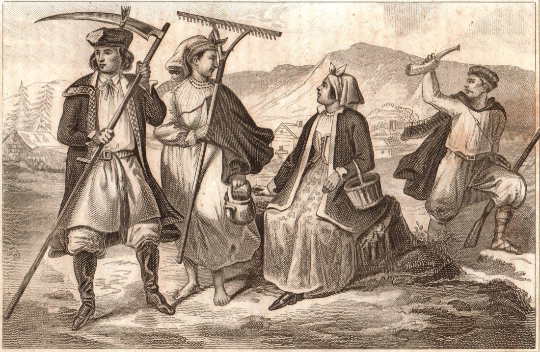 Inhabitants of Krakow. Poland. 1859.: Print of steel engraving titled „Habitans des environs de Cracovie“. Drawn by Lerouge. Engraved by Demoaine. From „Le Monde Histoire Tous les peuples depuis les temps les plus recules“ by M. E