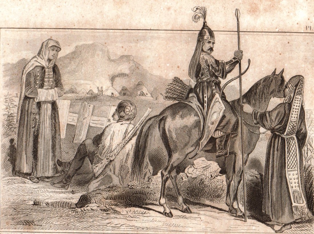 Costumes of Tatars Bashkirs. Turkey/Russia. 1859.: Costumes of Nogai Tatars. Costumes of Tatars Bashkirs. Turkey/Russia. 1859. Print of steel engraving titled „Costumes de Tartares Nogais. Costumes Tartares Baschkirs“. Drawn by Demoraine. Engraved