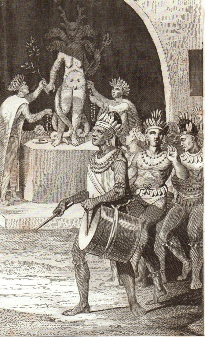 Cult of the Indians. Florida. USA. 1844.: Print of steel engraving titled „Culte des Indiens de la Floride“. Author Demoraine. Engraved by Prot. From the „Histoires D‘Amerique, et D‘ Oceanie. Depuis les temps les plus recules jusqu�