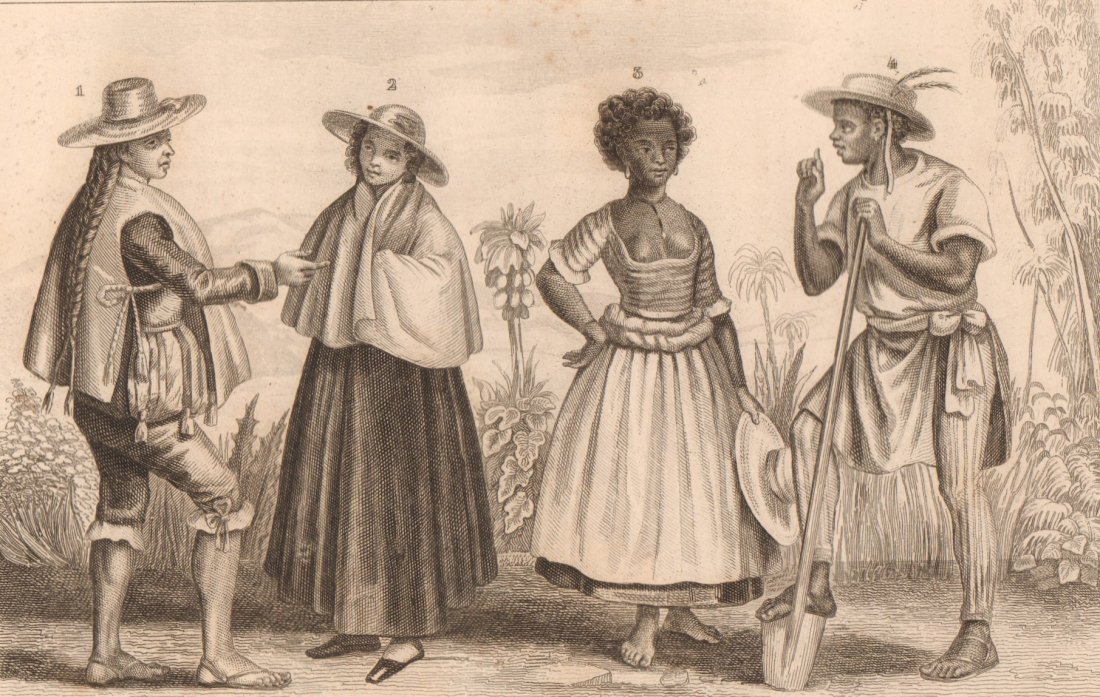 Habitants of Santiago. Chile. Brazil. 1844.: Habitants of Santiago (Chile) Young Peruvian Negron slaves in Brazil. 1844. Print of steel engraving titled „Habitant de Santiago (Chili) Jeune Peruvirnne Esclaves negres au Bresil“. Author Demora